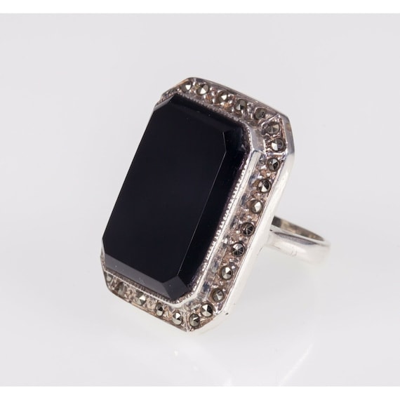 Rectangular Onyx and marcasite Sterling Silver Ri… - image 1