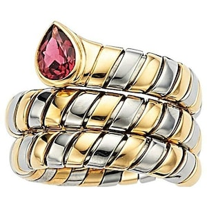 Bulgari Tubogas 0.6 Carat Pink Tourmaline 18k Gold & Stainless Steel Ring, Size 6.75