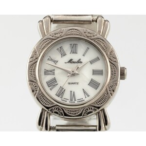 Moulin MOP Quartz Watch w/ Heart Stones Set in Sterling Silver Band 42.2gr