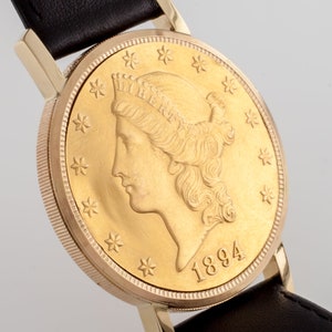 Vintage Universal Geneve 18k Gold Liberty US 20 Dollar Coin Men's Watch w/ Black Leather Band