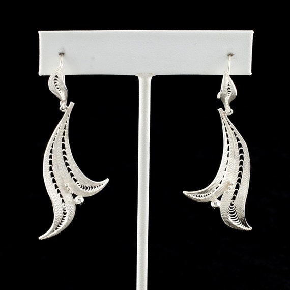 Sterling Silver .925 Filigree Leaf Drop Earrings … - image 1