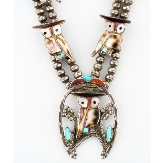 The Best Vintage Native American Zuni Owl Sterling Silver Squash Blossom Necklace The Best Vintage Native American Zuni Owl Sterling Silver Squash Blossom Necklace