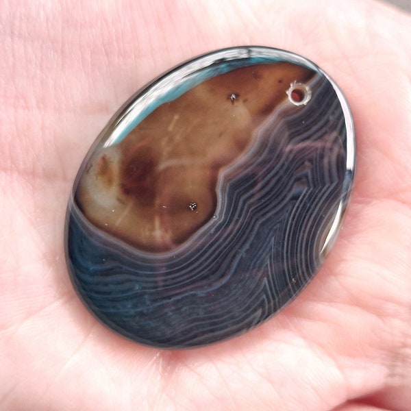 Black and Brown Agate Oval Pendant Bead 45x35x7mm, undyed agate cabochon, top drilled, flat back
