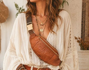 Embossed Leather Crossbody Bag, Boho Sling Bag for Women, Floral Fanny Pack, Handmade Belt Bag, Travel Crossbody Purse, Personalized Gift
