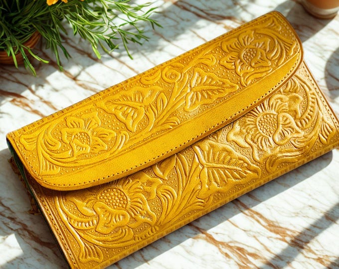 Women’s Leather Wallet • Floral Embossed • Handmade Credit Card Organizer
