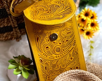 Gelbe Blumen Leder Umhängetasche für Frauen, kleine Handytasche, Boho Punzierte Ledertasche, Handgemachte Western Crossbody, Geschenk für Mama