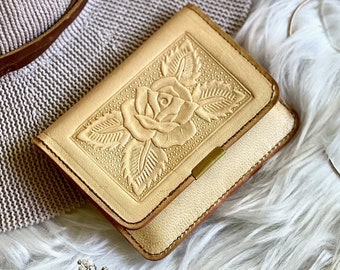 Small Embossed Leather Women’s Wallet, Floral Design with Personalization