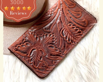 Tooled leather wallet • checkbook wallet • Engraved wallet • Gifts for her