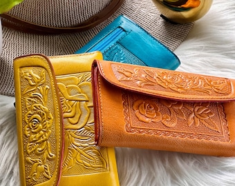 Embossed Leather Wallet • Handmade Women's Card Holder, Personalized Gift