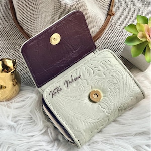 Personalized Beige Leather Wallet: Women's Engraved Zipper Wallet