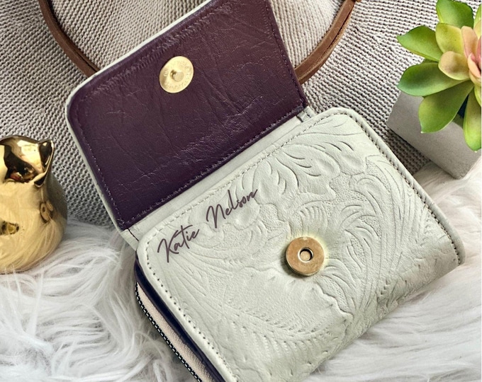 Personalized Beige Leather Wallet: Women's Engraved Zipper Wallet