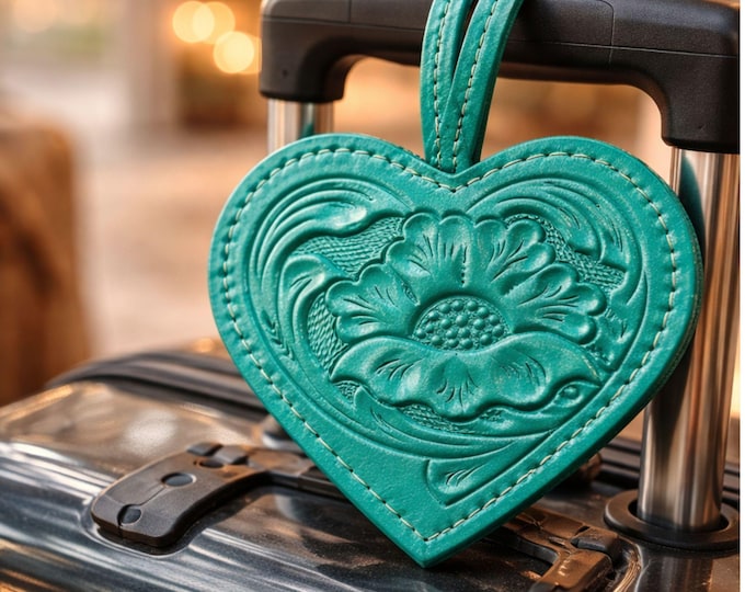 Personalized Leather Luggage Tag, Custom Engraved Travel Tag, Heart Tooled Western Gift for Women