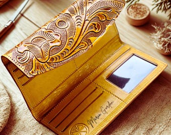 Handmade Embossed Leather Wallet for Women • Boho Floral Wallet • Personalized Gift for Her, Mom, or Wife