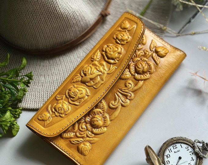 Vintage Style Floral Leather Wallet for Women – Handmade Wallet with ID Window, Carved Sustainable Leather