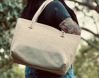 Handcrafted embossed leather tote bags for women  • Personalized gifts for her