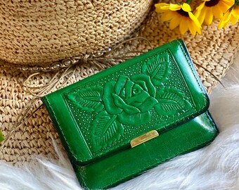Handmade Leather Mini Women's Wallet – Rose Embossed Vintage Style Travel Wallet