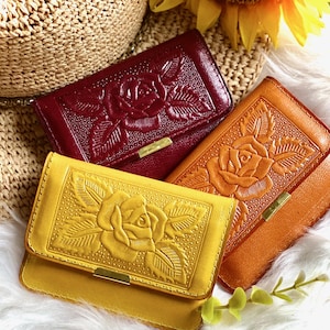 Vintage Style Leder Geldbörse • Kleiner Kartenhalter für Frauen • Florale Mini Geldbörse • Minimalistisches Geschenk für Sie