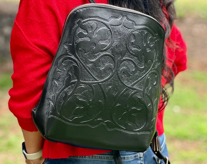 Handcrafted Floral Leather Backpack • Small Boho Backpack Purse for Women • Personalized Sustainable Gift • Travel Bag Ready to Ship