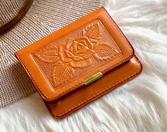 Handmade Small Leather Wallet for Women, Vintage Embossed, Personalized