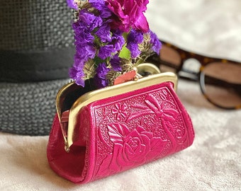 Watercolor Purple Floral Roses Coin Purse Buckle Vintage PU Pouch Kiss-lock Wallet for Women Girl