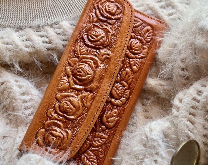 Personalized Floral Leather Wallet for Women • Engraved Cottagecore Gift
