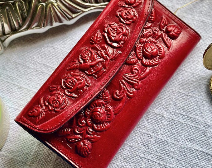 Red Rose Embossed Leather Wallet • Handmade Vintage Women’s Wallet • Personalized Floral Gift