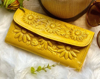 Sunflower sustainable leather wallets for women •  bohemian wallet •   wallet Women's leather • sunflower gift