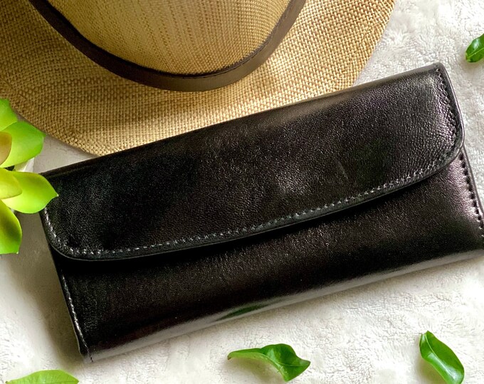 Slim Bicolor Leather Wallet • Personalized Gift for Her • Engraved Wallet for Mom or Wife