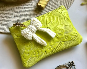 Embossed Leather Pouch with Crochet Bow: Coquette Makeup Bag