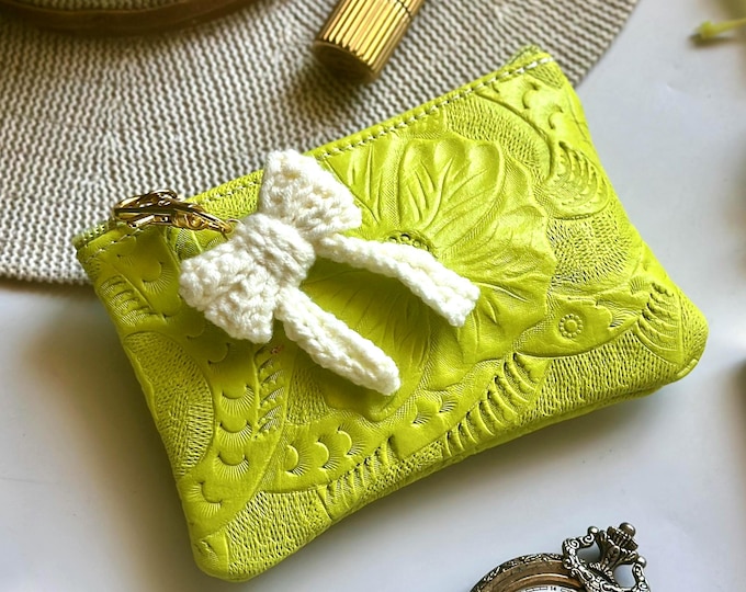 Embossed Leather Pouch with Crochet Bow: Coquette Makeup Bag