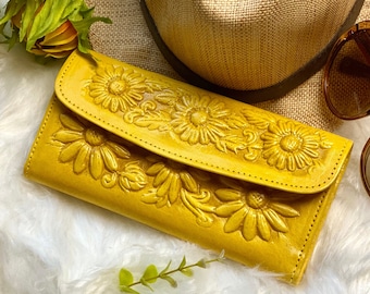 Leather sunflowers woman wallet •  personalized gift for her • woman wallet • cute wallets