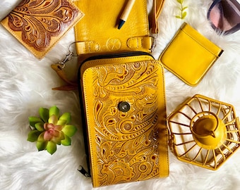 Handmade Carved Leather Crossbody Bag for Women • Small Boho Bag • Personalized Gifts • Boho Purse