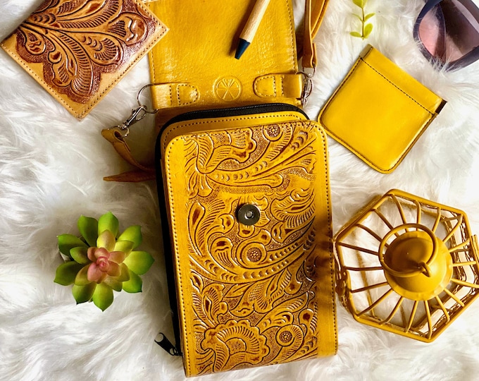 Handmade Carved Leather Crossbody Bag for Women • Small Boho Bag • Personalized Gifts • Boho Purse
