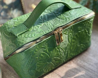 Embossed Leather Makeup Bag • Floral Toiletry Case • Personalized Cosmetic Bag • Handmade Travel Organizer • Gifts for Her