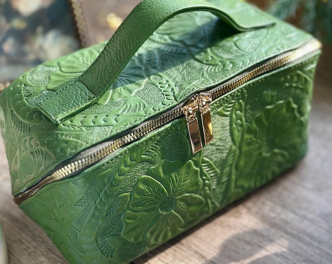 Embossed Leather Makeup Bag • Floral Toiletry Case • Personalized Cosmetic Bag • Handmade Travel Organizer • Gifts for Her