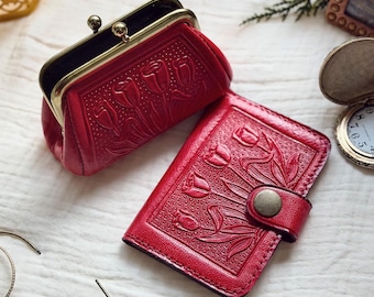 Leather Wallet & Coin Purse Set for Women - Floral Embossed, Handmade Personalized Gift