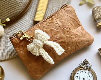 Coquette Bow Leather Pouch • Handmade Floral Makeup Bag • Romantic Cottagecore Wallet