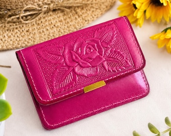 Embossed Rose Leather Card Holder Wallet for Women: Handmade Sustainable Leather