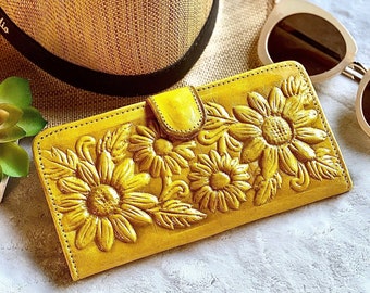 Handmade Leather Sunflower Wallet for Women: Personalized Bohemian Small Bifold wallet
