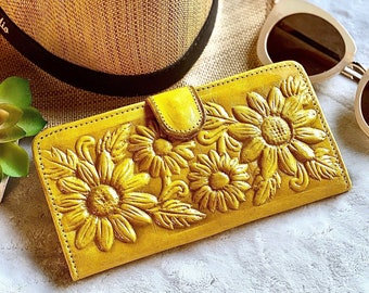 Handmade leather woman wallets • Sunflowers wallets • gifts for her • cute wallets