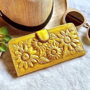 Handmade leather woman wallets • Sunflowers wallets • gifts for her • cute wallets
