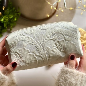Handmade Leather Floral Makeup Bag: Personalized Boho Cosmetic Case