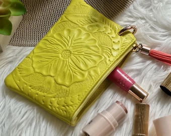 Leather Small Pouch,  Small Cosmetic Bag,  Floral Embossed Zipper Pouch,  Gift for Her