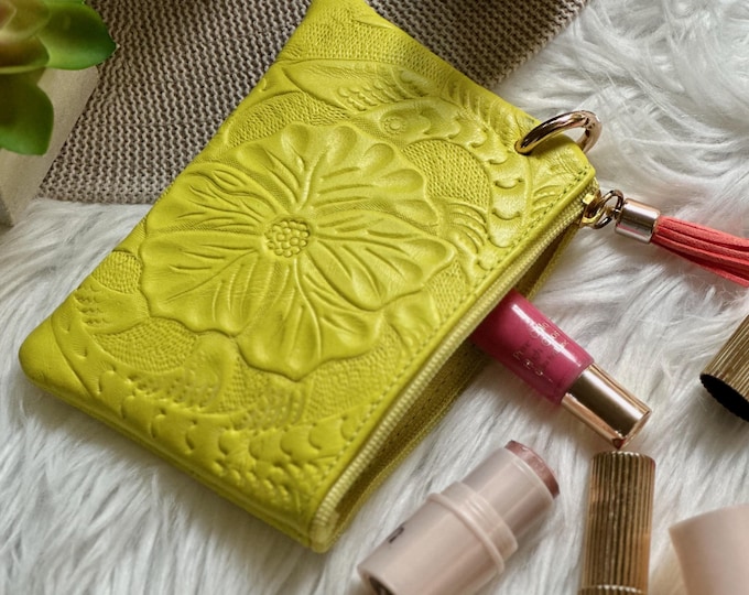 Leather Small Pouch,  Small Cosmetic Bag,  Floral Embossed Zipper Pouch,  Gift for Her