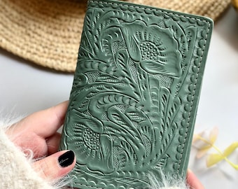 Floral Tooled Leather Passport Cover with AirTag Pocket - Handmade Travel Gift