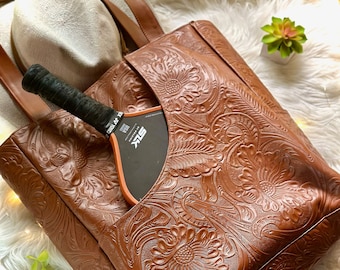 Leather Pickleball Tote Bag: Personalized Boho Gym & Court Bag
