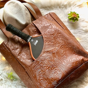 Handmade leather pickleball tote bag for women with two compartments and boho gym style
