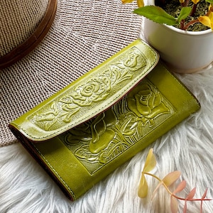 Rose Embossed Leather Wallet • Small Vintage Wallet for Women • Handmade Gift for Her