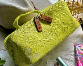 Handcrafted Leather Makeup Bag: Personalized Floral Organizer