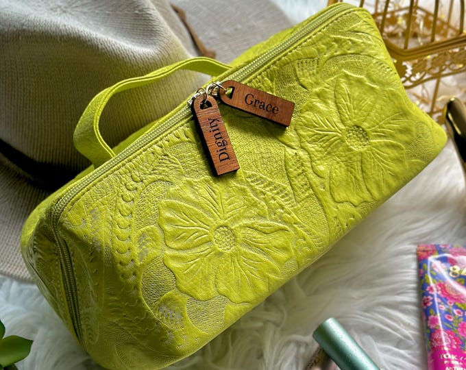 Handcrafted Leather Makeup Bag: Personalized Floral Organizer